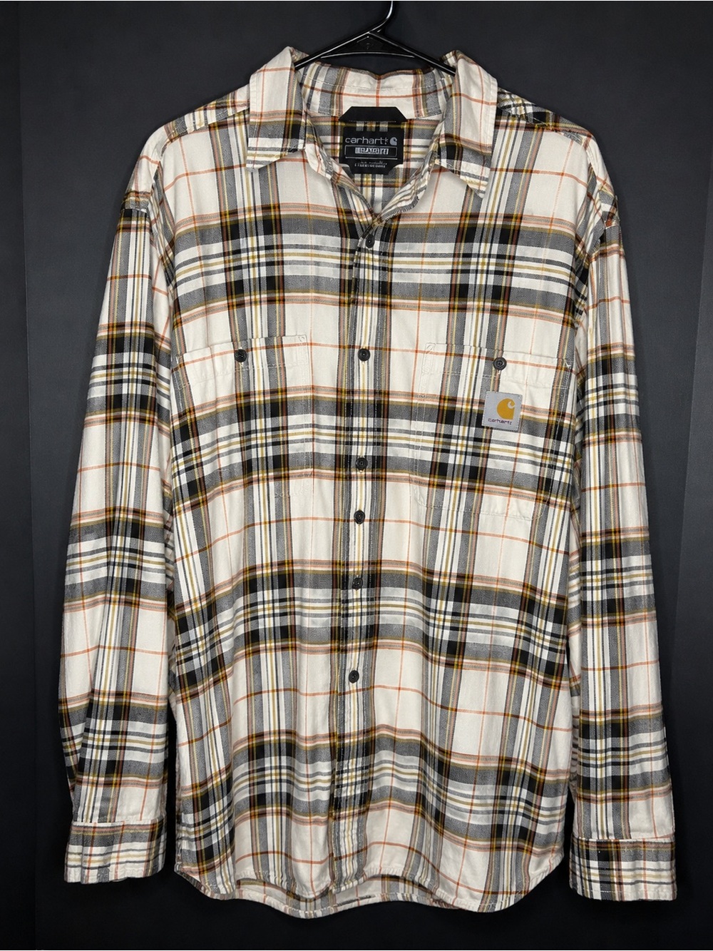 Carhartt Men’s Cream Plaid Button-Down Shirt with Brown & Black Check
